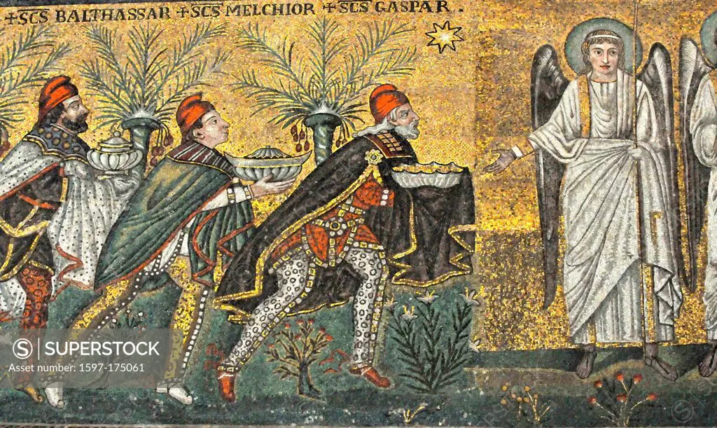 the three magi present their gifts to an angel in the nativity scene. Ancient UNESCO listed mosaic from Ravenna, Italy