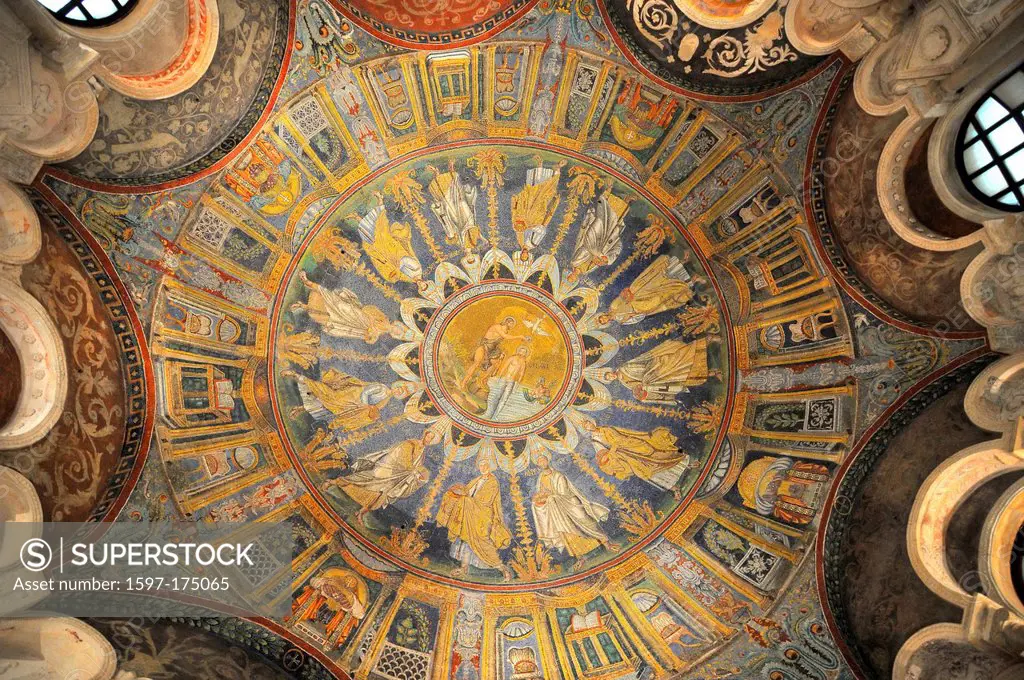 Jesus Christ being baptised by John the baptist and around him the 12 apostles. The magnificent domed, UNESCO listed roof of the neonian baptistry, Ra...