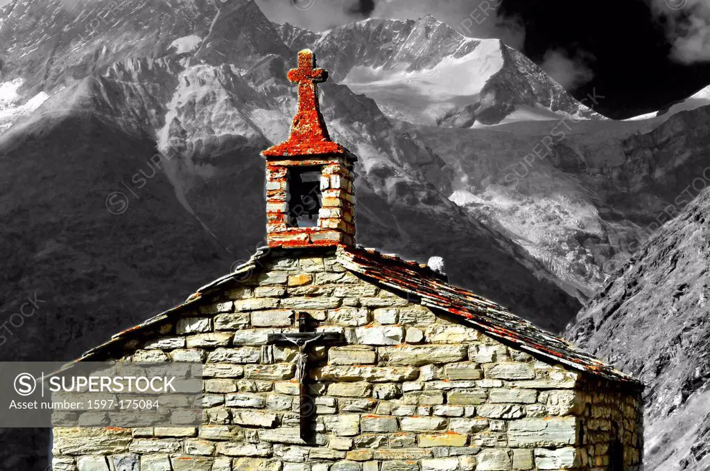an old chapel in the mountains, with small bell tower, and mountains in the background, weisshorn,