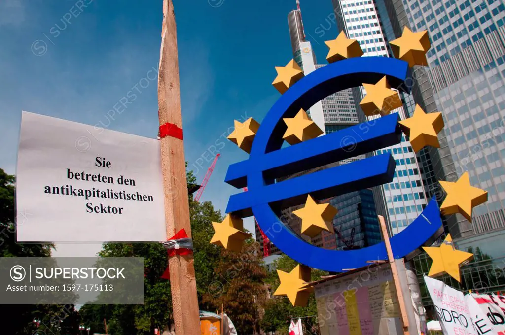 Eurosculpture, banner, Occupy, movement, European central bank, EZB, Frankfurt am Main, Frankfurt on the Main, Frankfurt, Hessen, Germany, Europe, dem...