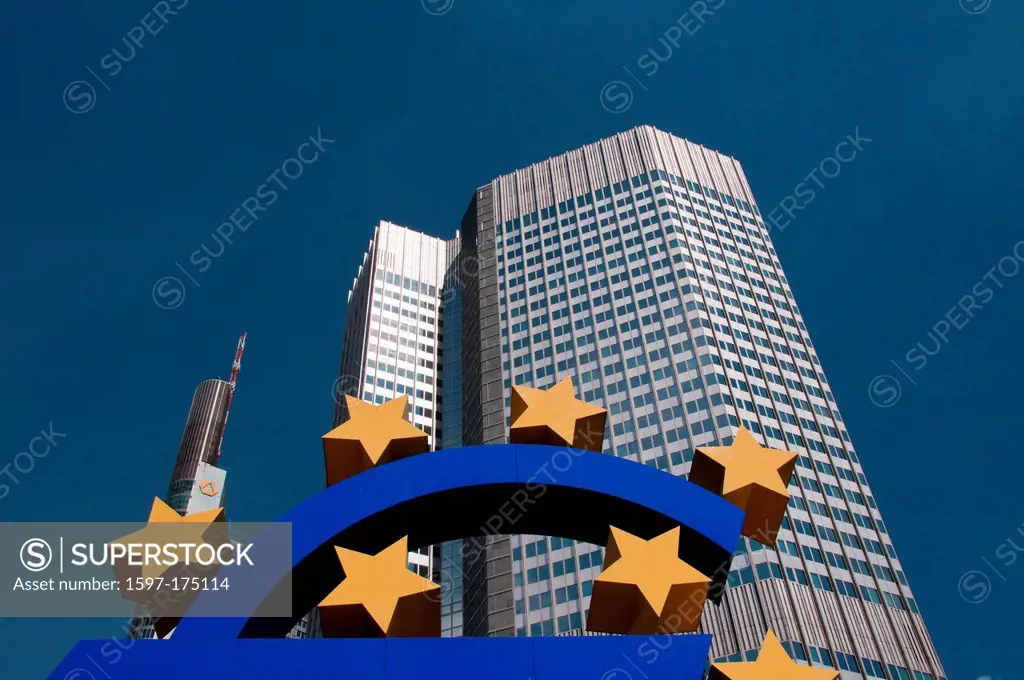 euro, sign, mark, European central bank, EZB, Willy Brandt_Platz, bank quarter, Frankfurt am Main, Frankfurt on the Main, Frankfurt, Hessen, Germany, ...