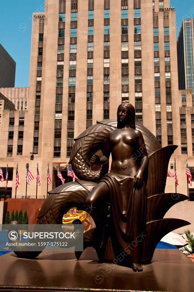 golden, statue, Prometheus, youth, virgin, art, skill, Paul Manship, Rockefeller center, Midtown, Manhattan, New York, town, city, USA, North America,...