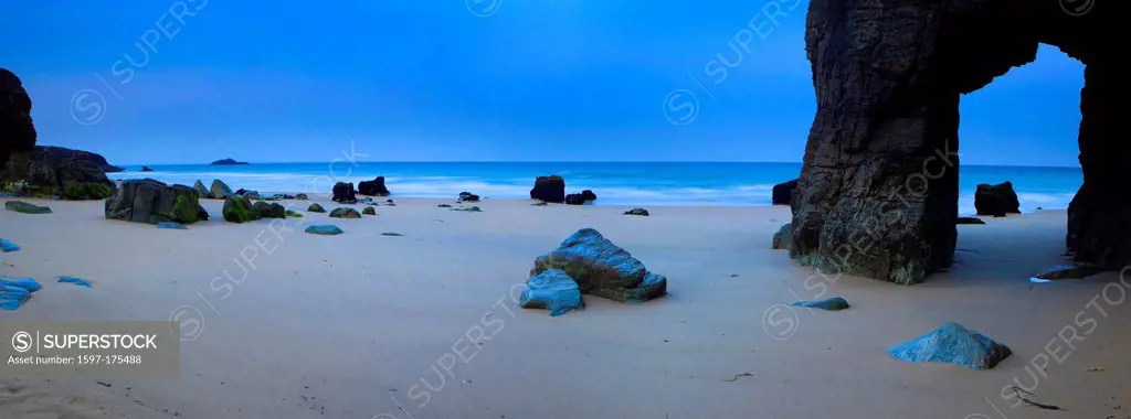 Côte Sauvage, France, Europe, Brittany, department Morbihan, coast, rock, cliff, rock formation, arc, sea, dusk