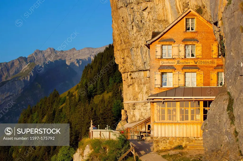 Äscher, Aescher, Switzerland, Europe, canton, Appenzell, Innerrhoden, Alpstein, inn, restaurant, cliff wall, morning light