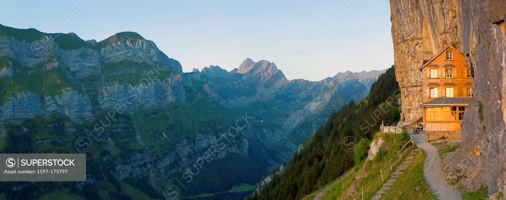 Äscher, Aescher, Switzerland, Europe, canton, Appenzell, Innerrhoden, Alpstein, inn, restaurant, cliff wall, morning light, way