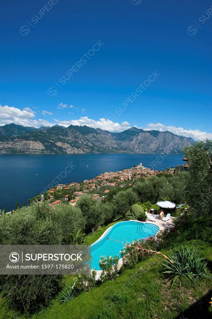 Lake Garda, Italy, Europe, Lago di Garda, Malcesine, town view, hotel pool, pool arrangement, pool, hotel, tourism, Swimming pool, touristic, outside,...
