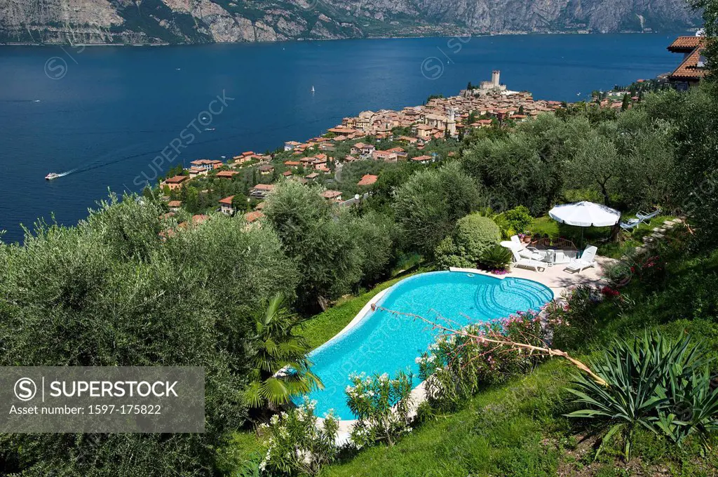 Lake Garda, Italy, Europe, Lago di Garda, Malcesine, town view, hotel pool, pool arrangement, pool, hotel, tourism, Swimming pool, touristic, outside,...