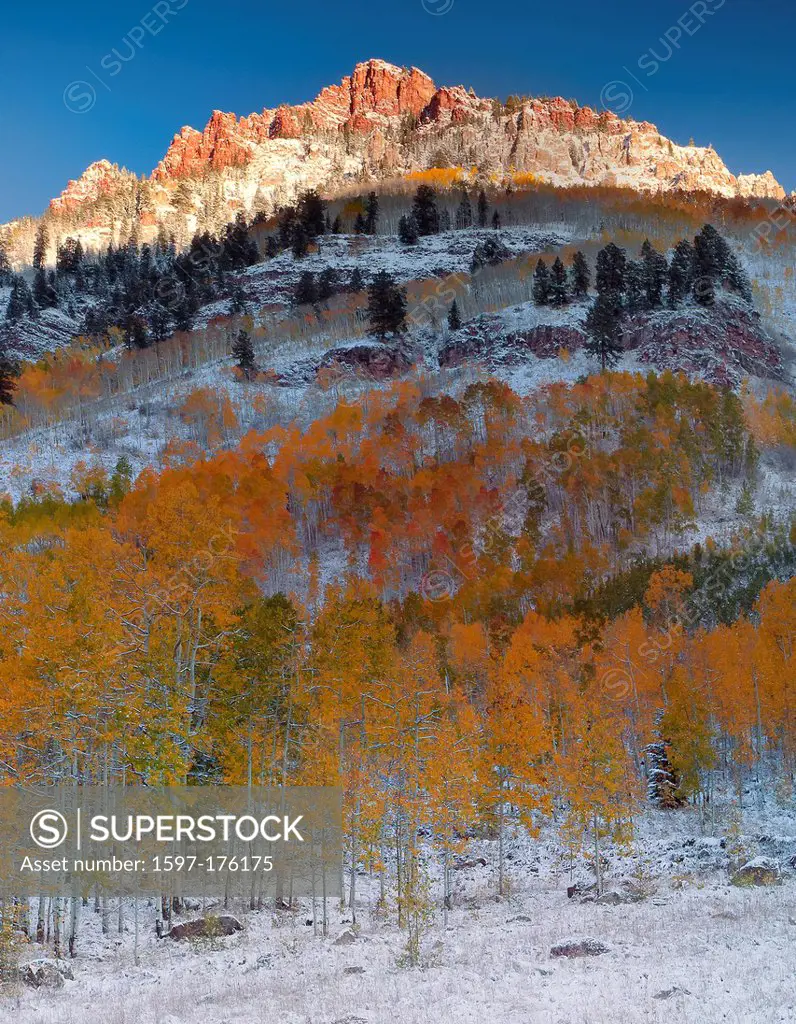 USA, United States, America, Colorado, Fall, Autumn, Trees, Fall Color, aspens, aspen, sunset, rock formations, mountain