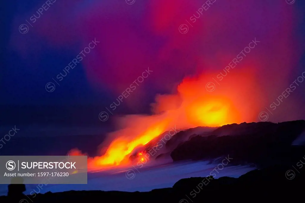 USA, United States, America, Hawaii, Big Island, Red Lava, Hot Lava, Pacific Ocean, lava, vulcanism