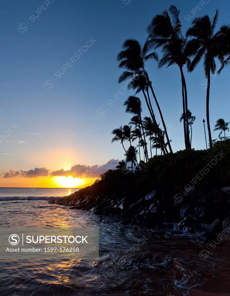 USA, United States, America, Hawaii, Hawaii, Sunset, Palm Trees, Pacific, Ocean, Napili Bay