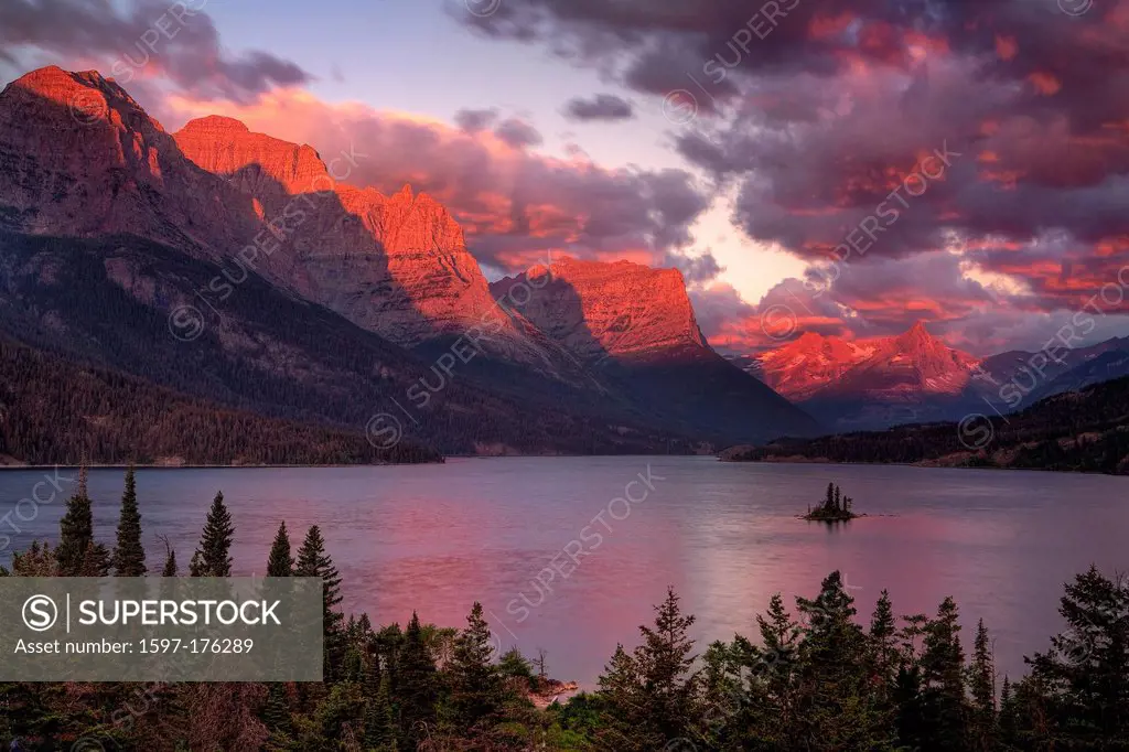 USA, United States, America, Montana, National Park, lake, Saint Mary´s Lake, landscape, nature, Two Medicine Lake, sunset, mountains,