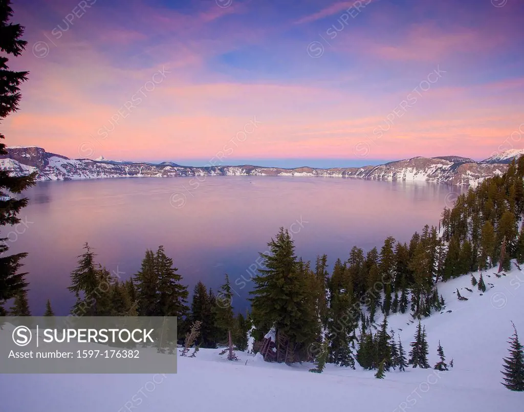 USA, United States, America, Oregon, Crater Lake, National Park, snow, winter, lake, National Park, sunset, sunrise,