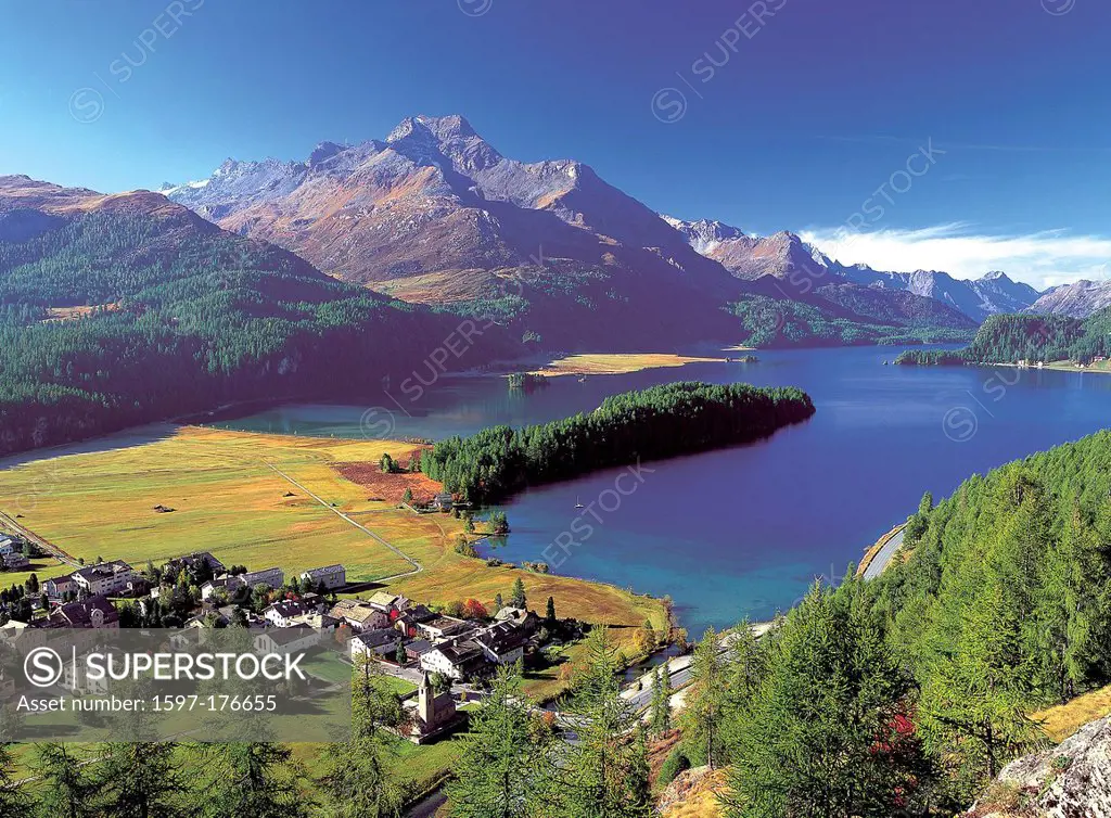 Switzerland, Graubünden, Grisons, Engadin, Oberengadin, Sils, Sils Maria, Sils lake, Piz De La Margna, autumn, lake, water, wood, forest, houses, home...