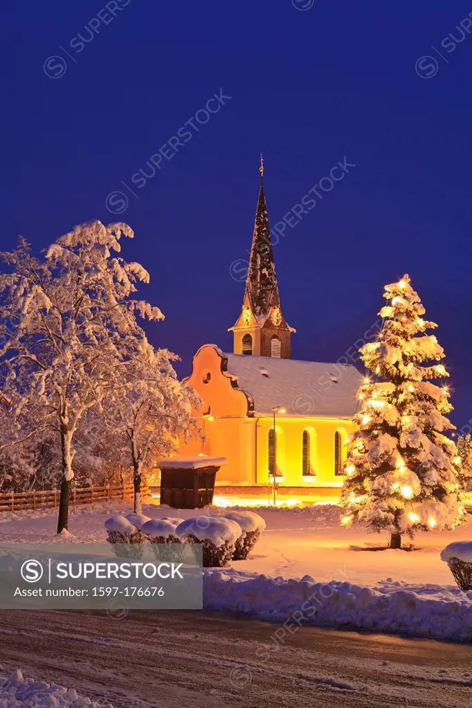 Austria, Europe, Tyrol, Mieminger plateau, Obsteig, Christmas, Christmas tree, Advent, church, lights, snow, winter, evening, mood, high, sky, blue, Y...