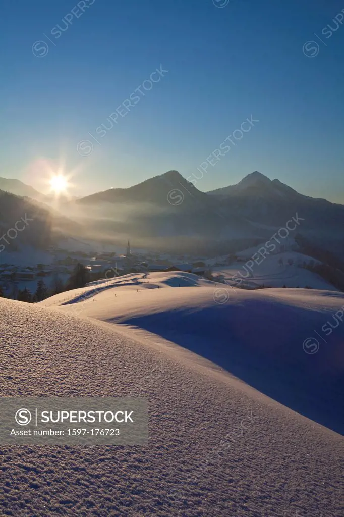 Austria, Europe, Tyrol, unterland, lowlands, Thiersee, Hinterthiersee, winter, evening, mood, evening mood, sun, sundown, mountains, sky, high, snow, ...