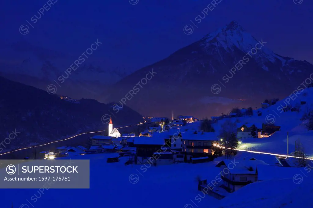 Austria, Europe, Tyrol, uplands, Imst, mountain Imster, winter, evening, dusk, twilight, night, place, lights, church, mountains, Tschirgant, travelin...