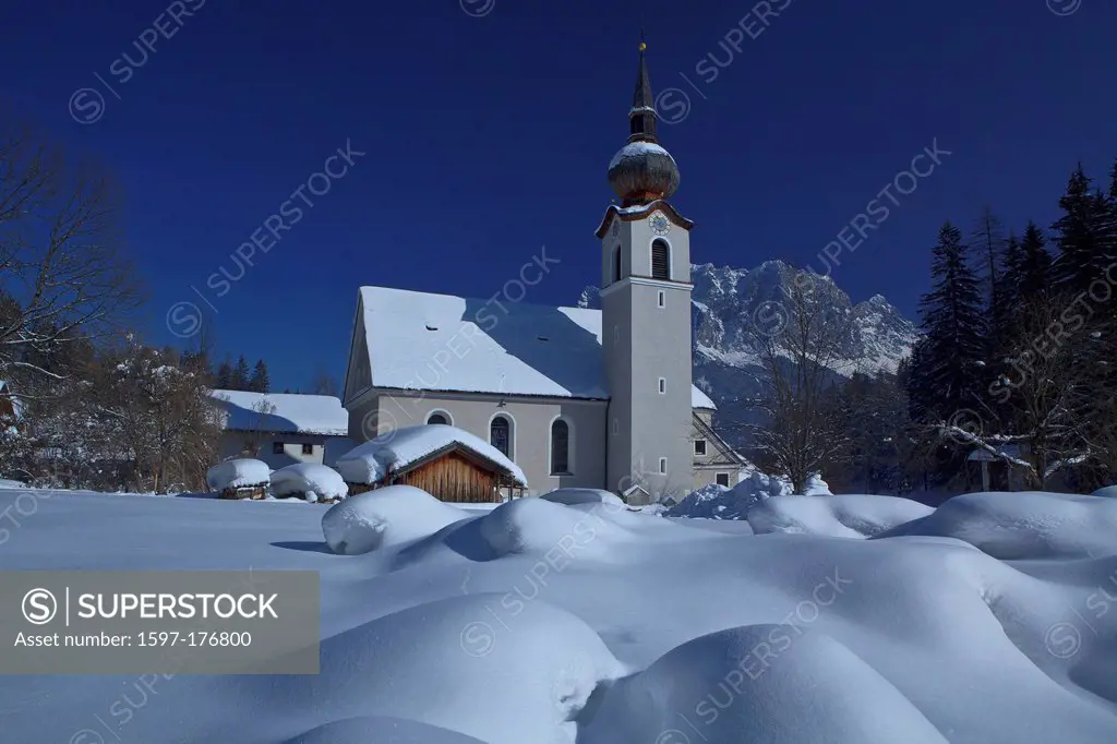 Austria, Europe, Tyrol, Ausserfern, washbasin, Biberwier, winter, snow, trees, church, snowy hill, mountain, Zugspitze, sky, blue, white, religion, re...