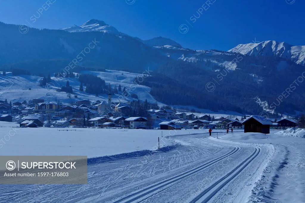 Austria, Europe, Tyrol, Ausserfern, Lermoos, washbasin, winter, snow, track, cross_country, cross_country trail, mountains, Grubigstein, skiing area, ...