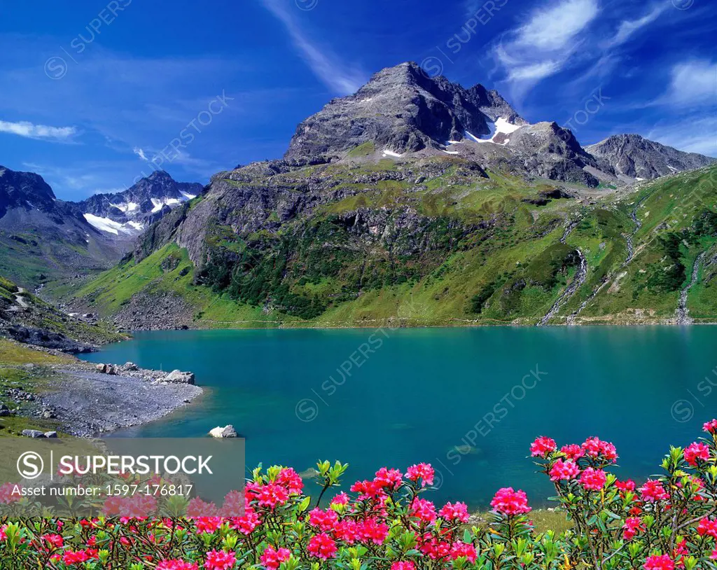 Austria, Europe, Tyrol, St. Anton am Arlberg, cartel lake, Küchelspitze, Faselfadspitzen, mountain lake, water power, water, lake, nature