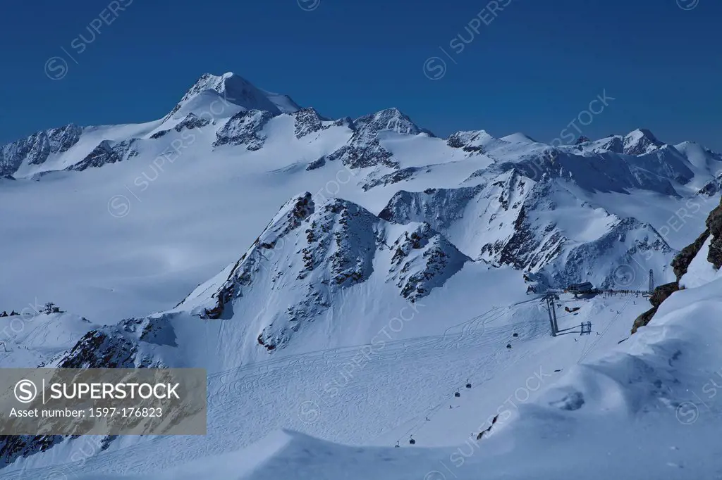 Austria, Europe, Tyrol, Ötztal, Sölden, glacier, glacier skiing, area, skiing area, Tiefenbachkogel, panorama Schware Schneide, Wildspitze, deep snow ...