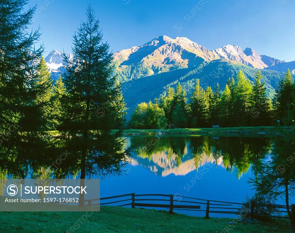 Austria, Europe, Tyrol, Kaunertal, mountain Kauner, pond, water, lake, mountain lake, Schnadiger pond, fence, reflection, mountains, Kauner, ridge, Gl...