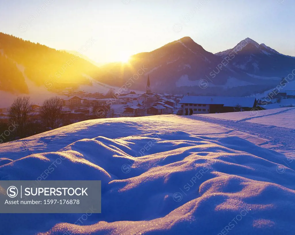 Austria, Europe, Tyrol, Thiersee, Hinterthiersee, winter, evening, winter evening, place, tourism, winter, snowy crystals, sun, sundown, sunrays, mood...