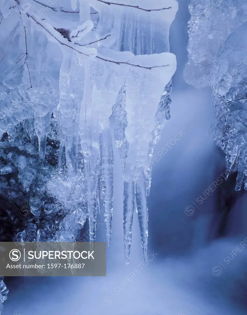 Austria, Europe, Tyrol, St. Anton am Arlberg, brook, winter, water, ice, icicle, iced up, icedly up, high, flowing, ice, branches, knots, white, blue,...