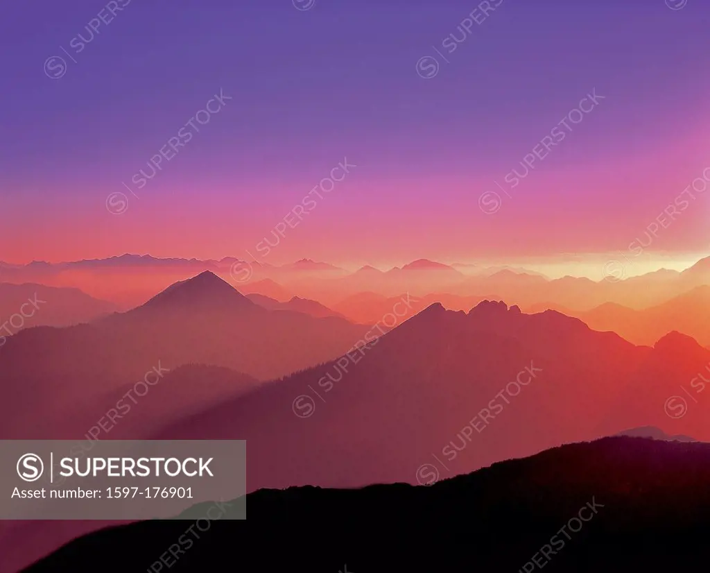 Austria, Europe, Tyrol, Thiersee, rear, back, Sonnwendjoch, evening, mood, evening mood, sundown, romanticism, mountains, mountain ranges, smoke, Pink...
