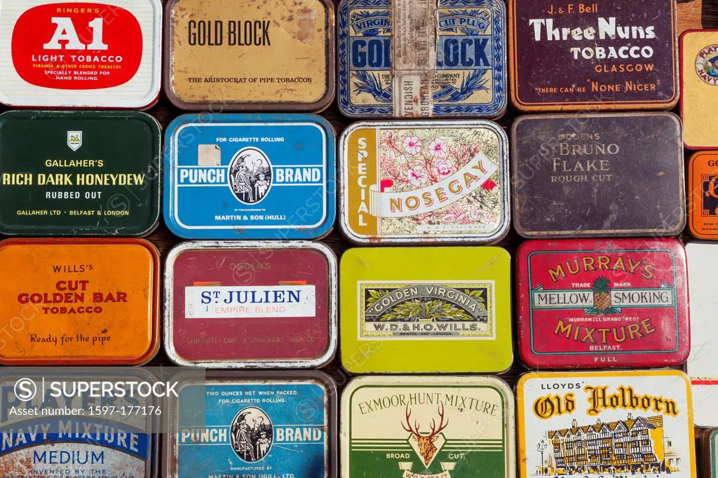 England, Dorset, Blanford, The Great Dorset Steam Fair, Exhibitors Display of Vintage Tobacco Tins