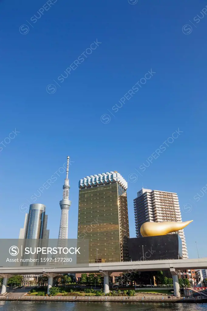 Japan, Honshu, Kanto, Tokyo, Asakusa, Office Buildings and Skytree Tower and Sumidagawa River