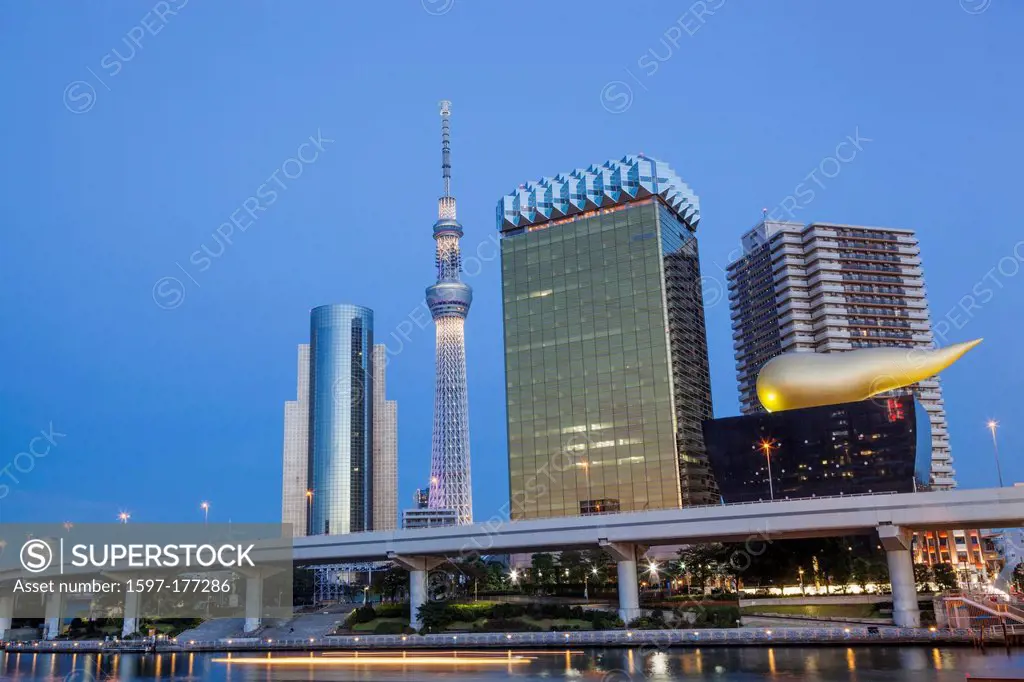 Japan, Honshu, Kanto, Tokyo, Asakusa, Office Buildings and Skytree Tower and Sumidagawa River