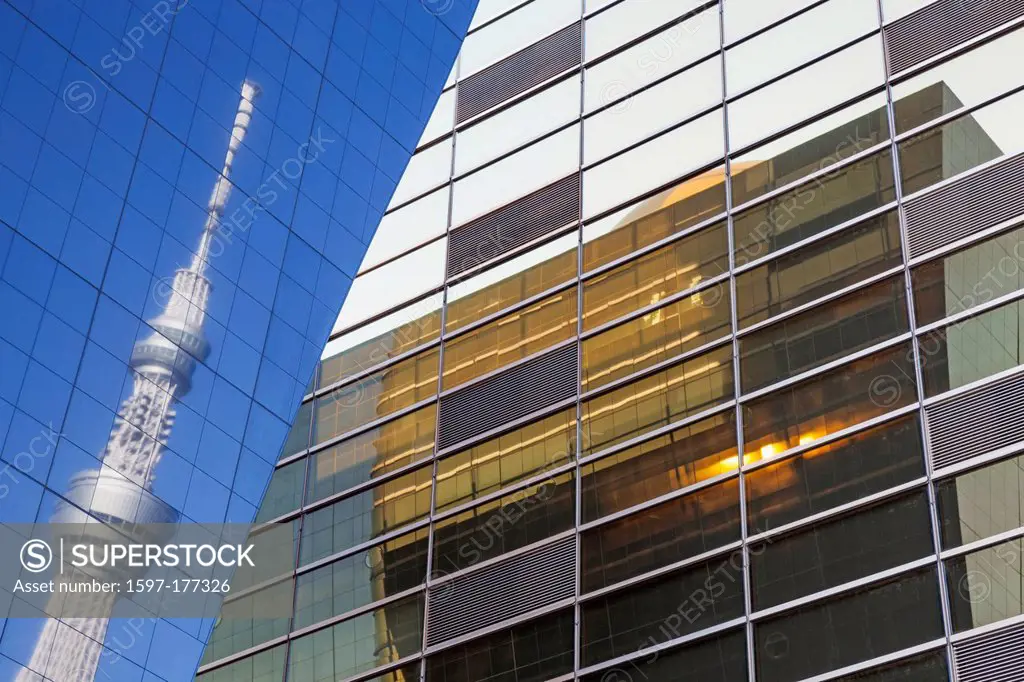 Japan, Honshu, Kanto, Tokyo, Asakusa, Office Buildings and Reflection of Skytree Tower