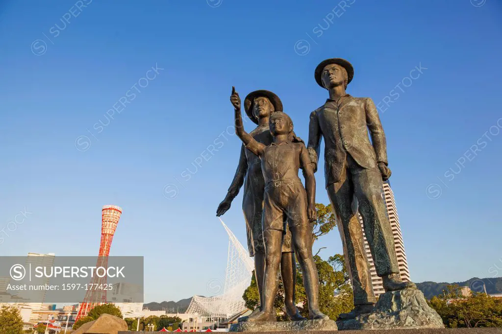 Japan, Honshu, Kansai, Kobe, Emmigrants Memorial Statue and Kobe Port Tower