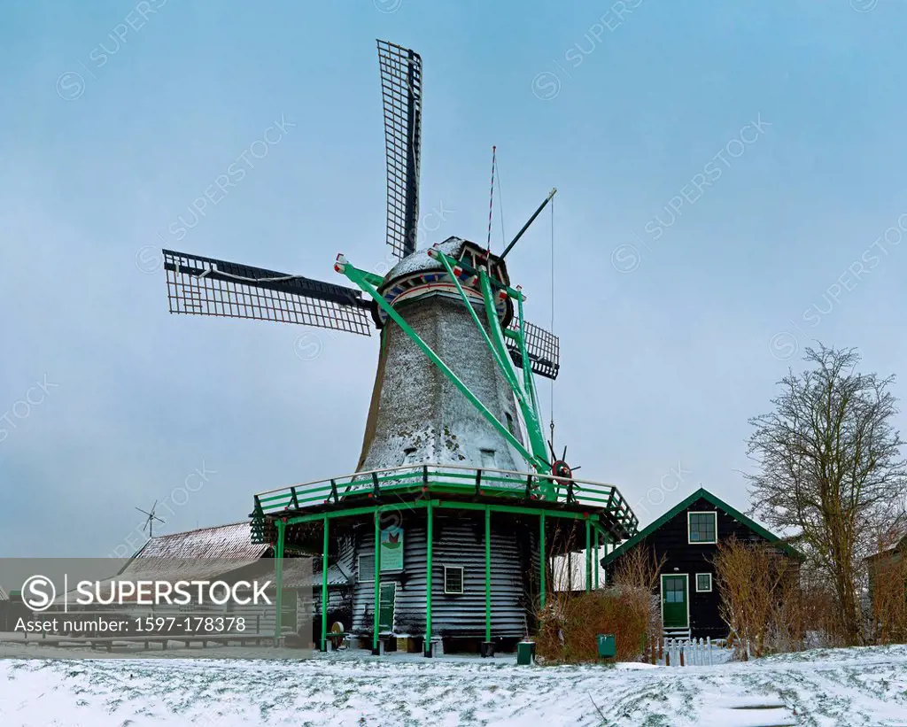 Holland, Netherlands, Europe, Zaandam, windmill, winter, snow, ice,