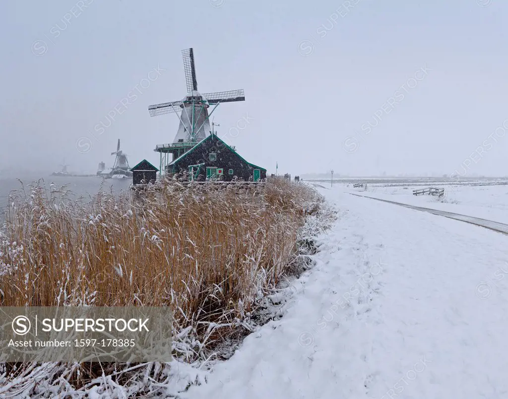 Holland, Netherlands, Europe, Zaandam, Windmills, river, Zaan, windmill, field, meadow, water, winter, snow, ice,