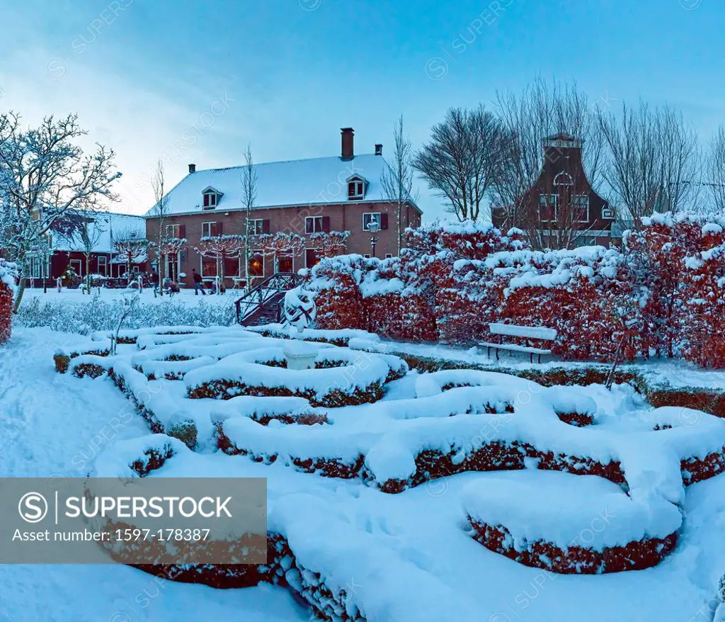 Holland, Netherlands, Europe, Zaandam, Open_air, museum, Zaanse Schans, garden, city, village, winter, snow, ice,