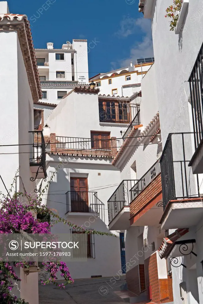 Europe, Spain, Andalusia, Ojen, Calle Barrio Alto, typically, Andalusian, architecture, building, construction, wall, flowers, lanterns, tourism, stre...