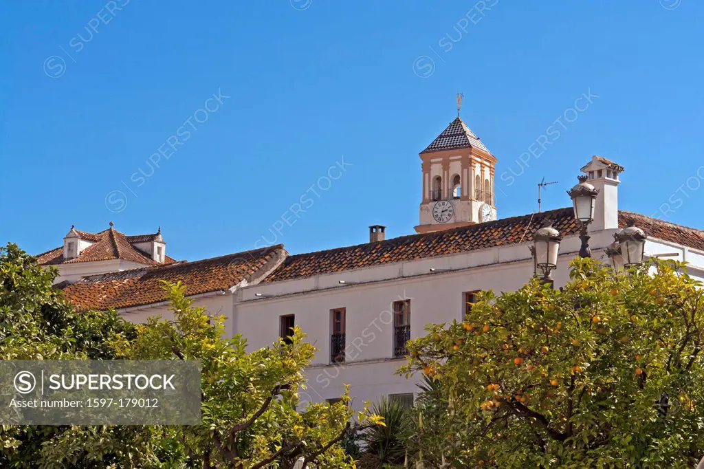 Europe, Spain, Andalusia, Marbella, Plaza de los Naranjos, house fronts, grain Plaza Apartamentos, architecture, roofs, towers, rooks, trees, plants, ...