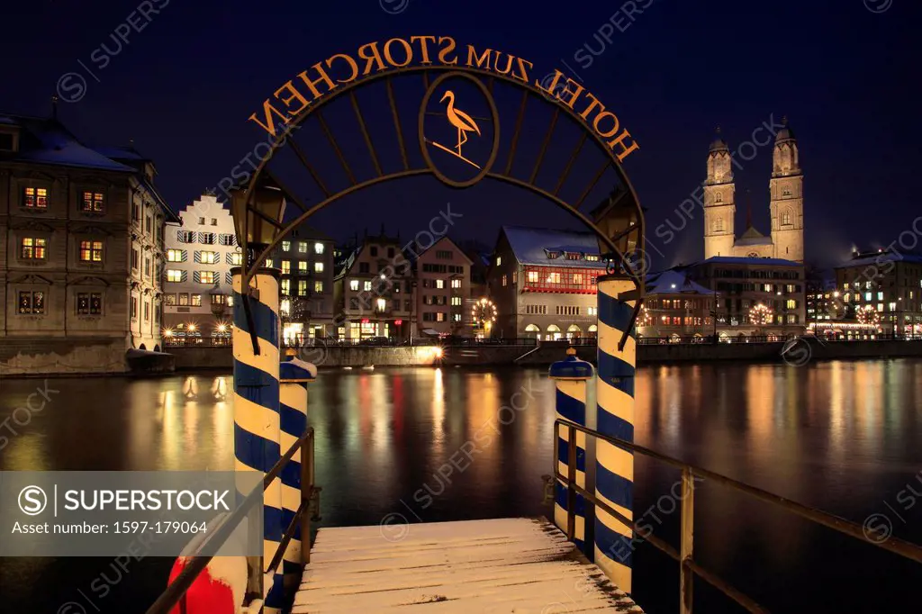 Advent, lighting, illumination, Advent time, Old Town, landing stage, landing stage, city, dusk, twilight, Grossmünster, hotel, church, lights, Limmat...