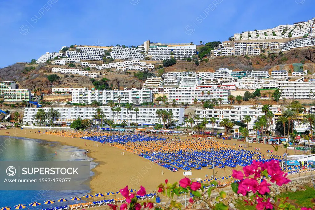 Spain, Europe, Canary Islands, Gran Canaria, Puerto Rico, architecture, beach, city, display, early, island, modern, morning, sand, skyline, touristic...