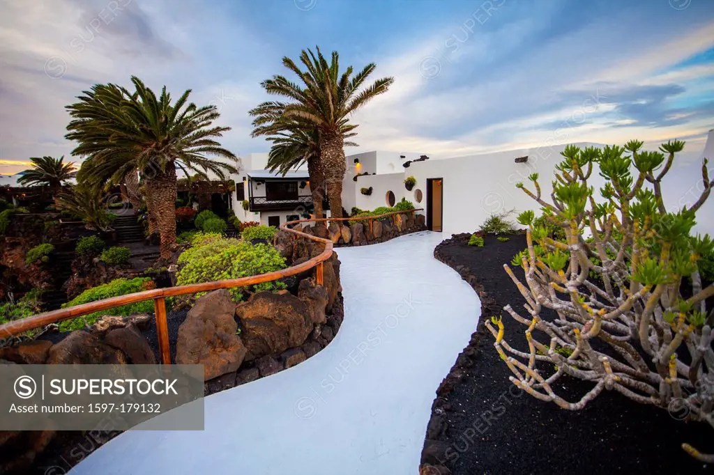 Spain, Europe, Canary Islands, Lanzarote, Island, black, cactus, plants, contrast, entrance, garden, gate, local, local architecture, sunset, trail, v...