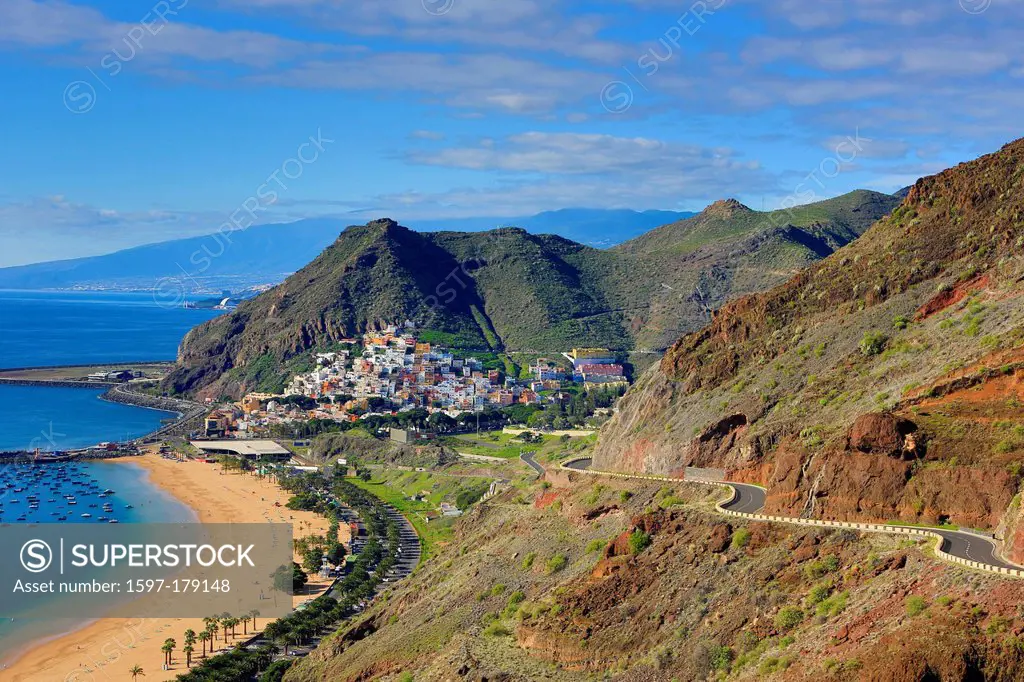 Spain, Europe, Canary Islands, Las Teresitas, Beach, San Andres, Tenerife Island, Tenerife, Teneriffa, beach, blue, famous, road, sand, touristic, tra...