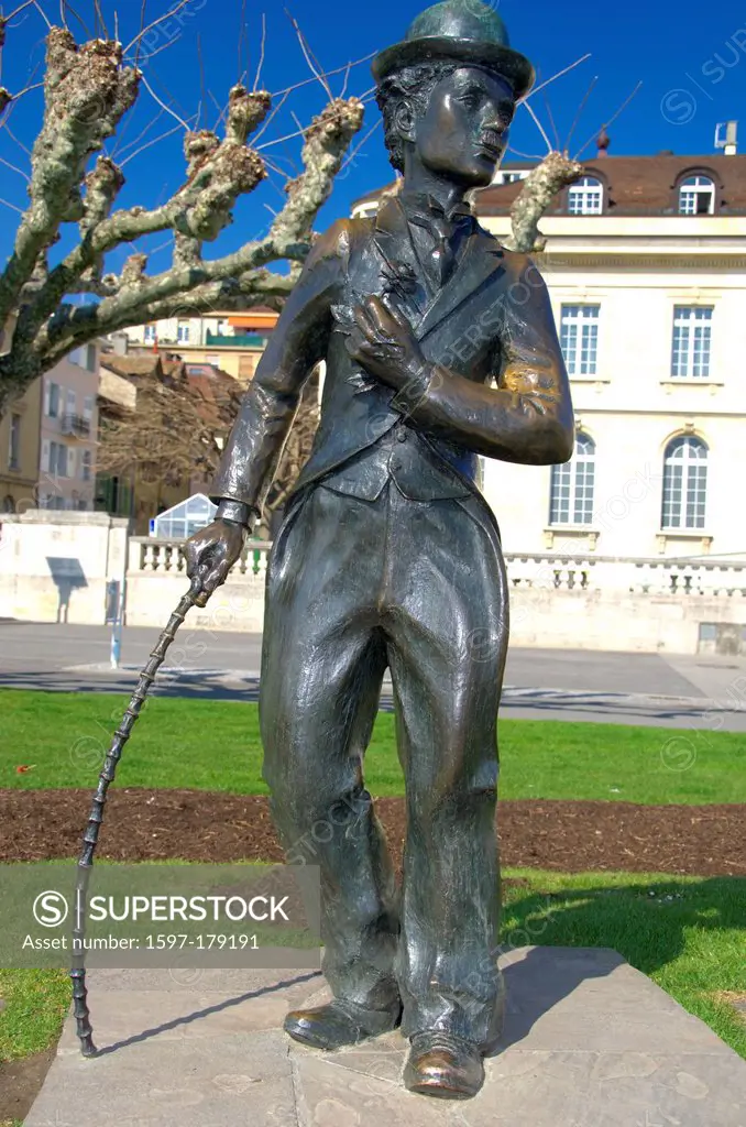 Bronze statue erected in honour of the actor Charlie Chaplin on the lake front at Vevey in Switzerland, where he lived and died