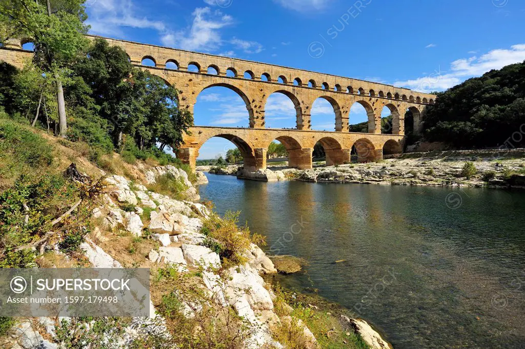 Unesco, Antiquity, Aqueduct, Architecture, Bridge, Building, Europe, Exterior, France, Gard, Gardon, Historic, Horizontal, Languedoc-Roussillon, Outdo...