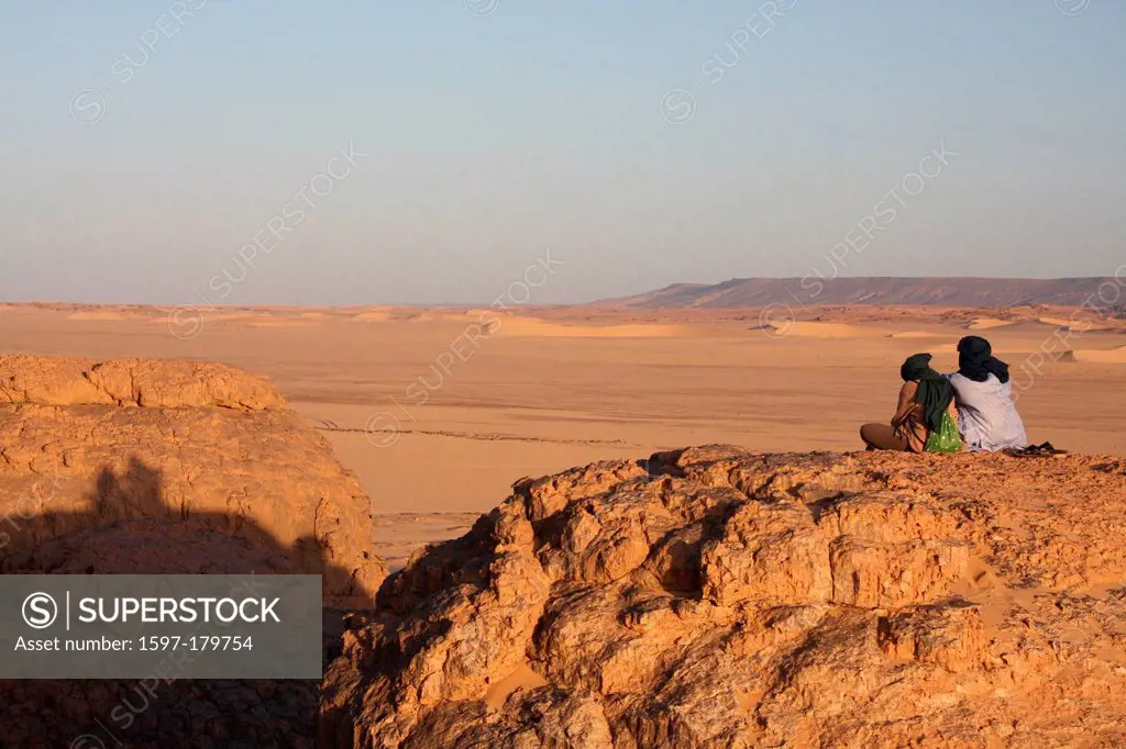 Algeria, Africa, north Africa, desert, sand desert, Sahara, Tamanrasset, Hoggar, Ahaggar, rock, rock formation, Tassili du Hoggar, sand, evening, even...