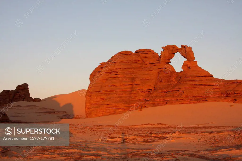 Algeria, Africa, north Africa, desert, sand desert, Sahara, Tamanrasset, Hoggar, Ahaggar, rock, rock formation, Tassili du Hoggar, morning, morning li...