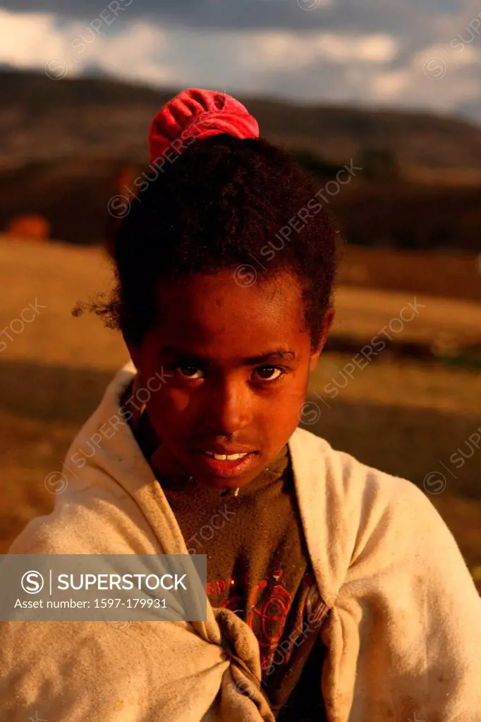 Ethiopia, Africa, Simien, Simien Mountains, National Park, landscape, highlands, World Heritage Site, Sona, village, girl, shy, portrait, front view, ...