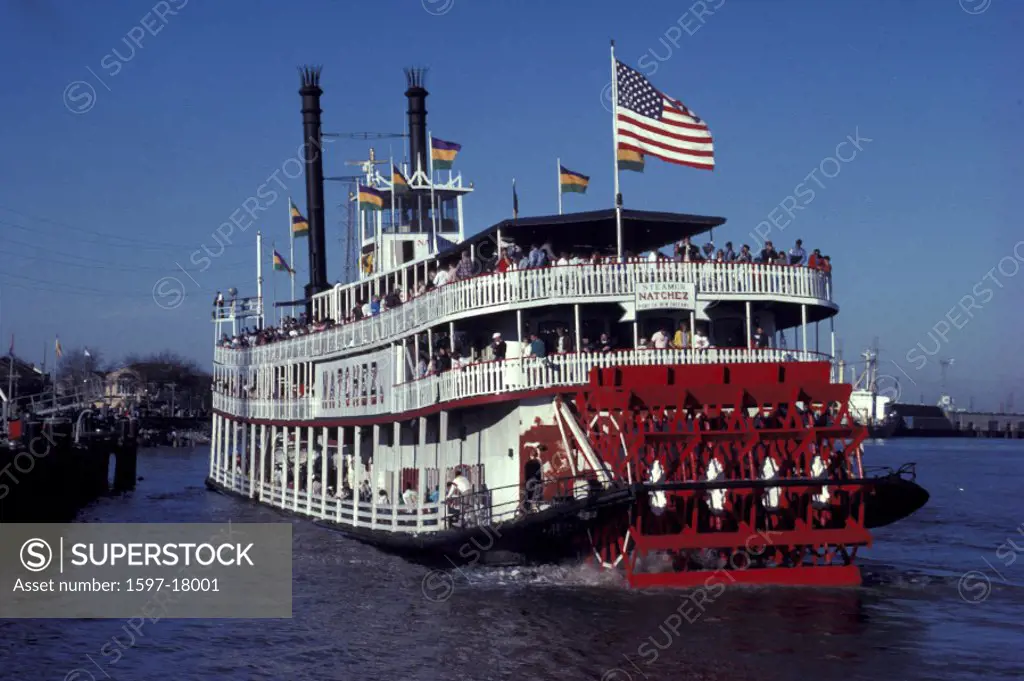Louisiana, Mississippi River, Natchez, New Orleans, paddle steamer, river, ship, shore, steamboat, USA, America, Uni