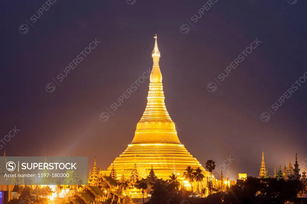 Asia, Myanmar, Burma, Yangon, Rangoon, Shwedagon, Shwe dagon, Shwedagon Pagoda, Pagoda, Pagodas, Stupa, Stupas, Illumination, Dusk, Night View