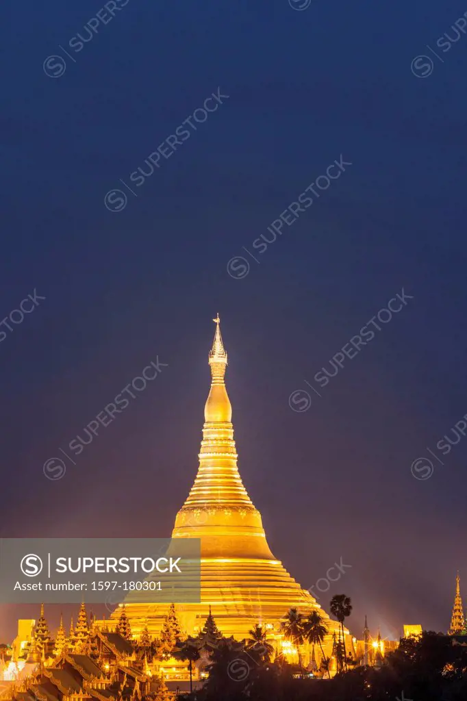 Asia, Myanmar, Burma, Yangon, Rangoon, Shwedagon, Shwe dagon, Shwedagon Pagoda, Pagoda, Pagodas, Stupa, Stupas, Illumination, Dusk, Night View